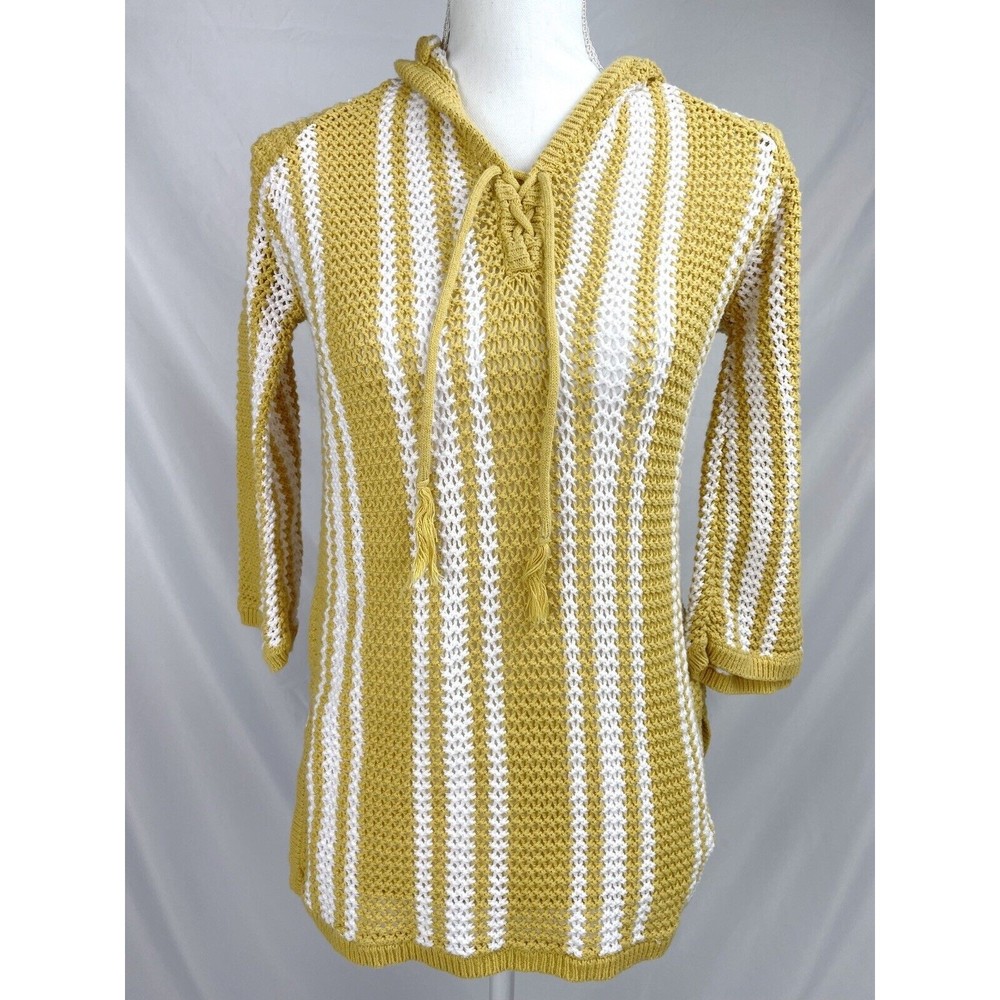 Modcloth Women MEDIUM Yellow White Pullover Sweater Knit Open Weave Hood